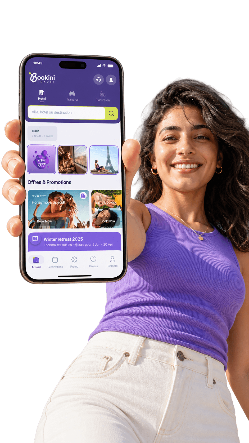 Bookini travel mobile app interface
